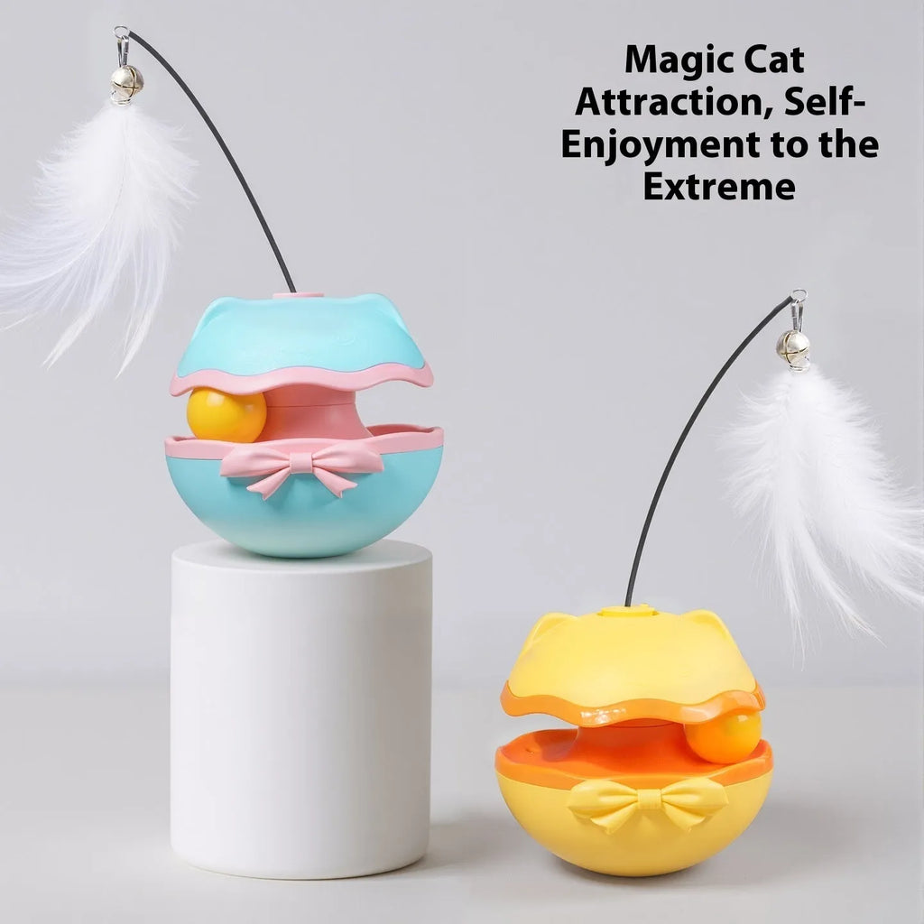 Electric automatic rolling cat teaser toy in lemon yellow, sky blue, or soft fog grey.