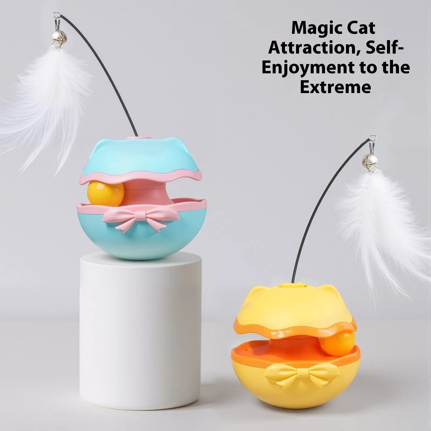 Electric automatic rolling cat teaser toy in lemon yellow, sky blue, or soft fog grey.