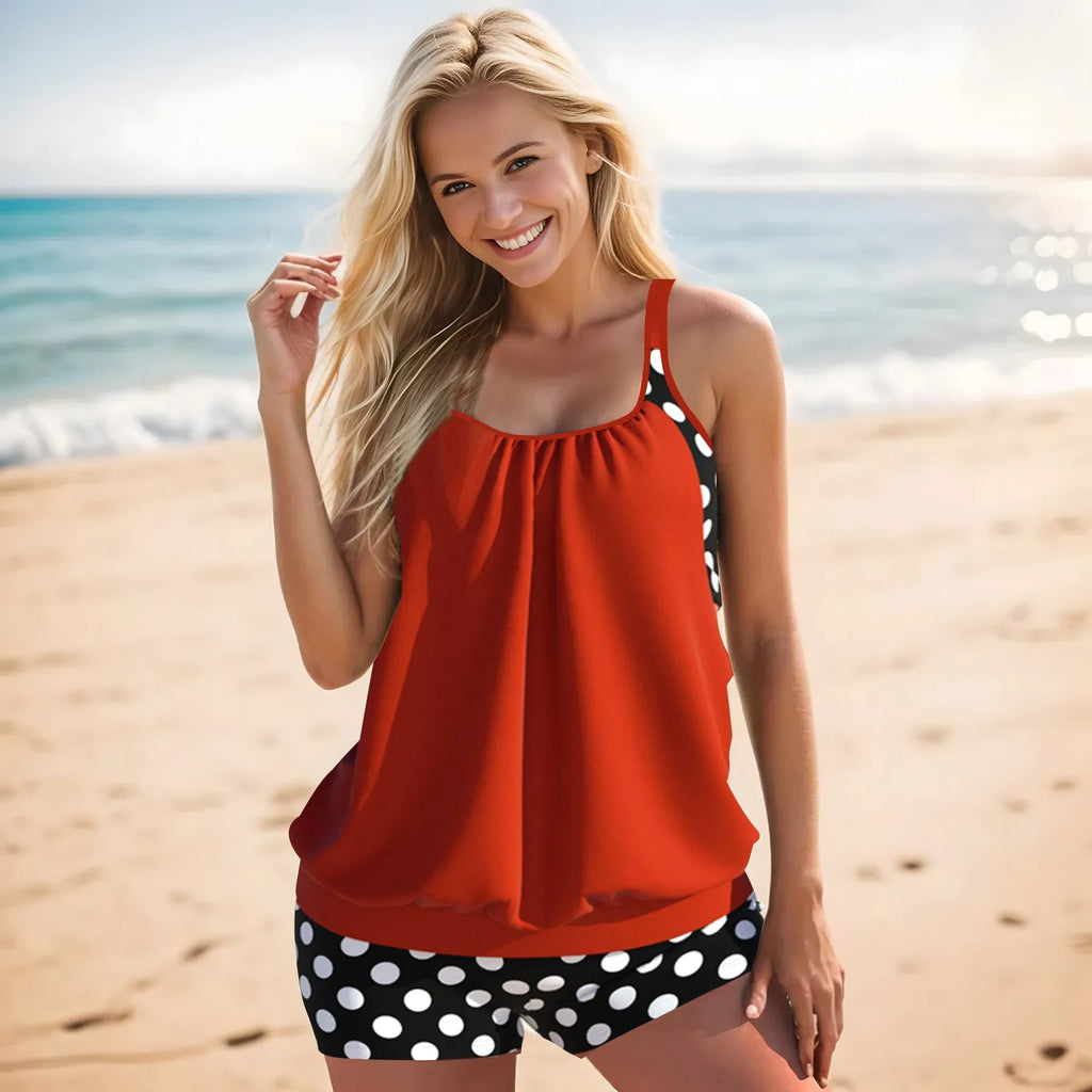 Women's polka dot print boxer swimsuit set with high-waisted brief pants