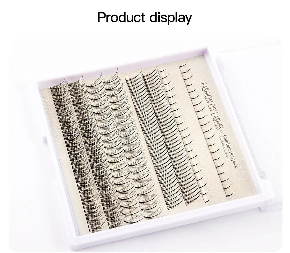 False eyelash glue kit with single-cluster lashes, pink and black adhesive, tweezers and brush tools