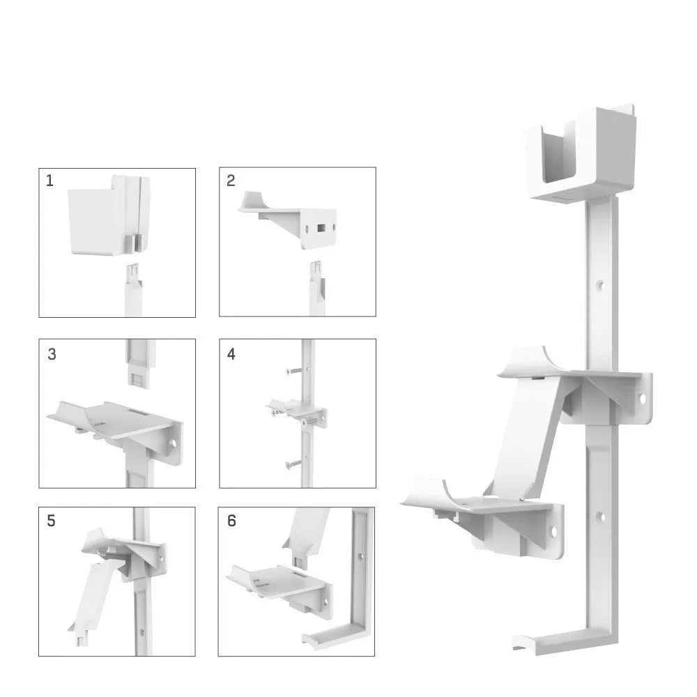 Wall-mounted white ABS plastic hook holding PS5 controller and gaming headset