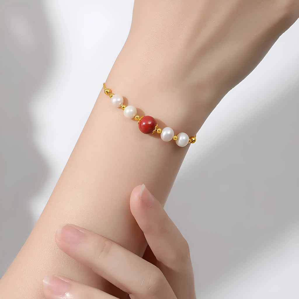 Retro women's silver bracelet with yellow red bean pearl and cinnabar beads on adjustable chain