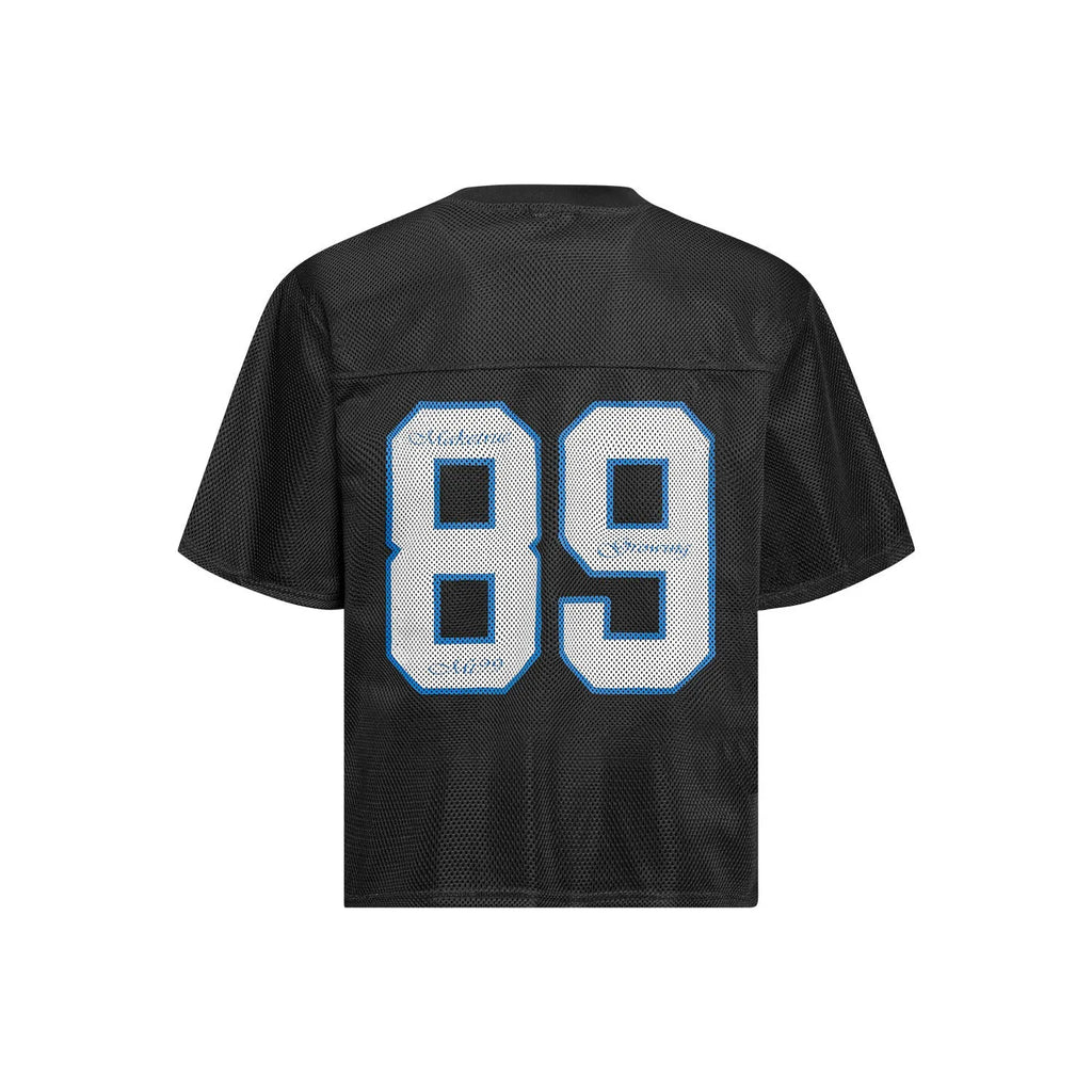 Black loose-fit casual T-shirt with white alphanumeric print design on front