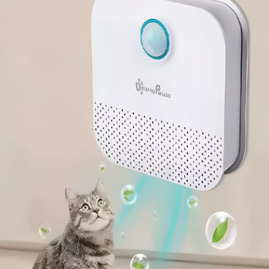 White DownyPaws smart cat odor purifier unit with compact 9.2cm square design for litter box deodorisation.