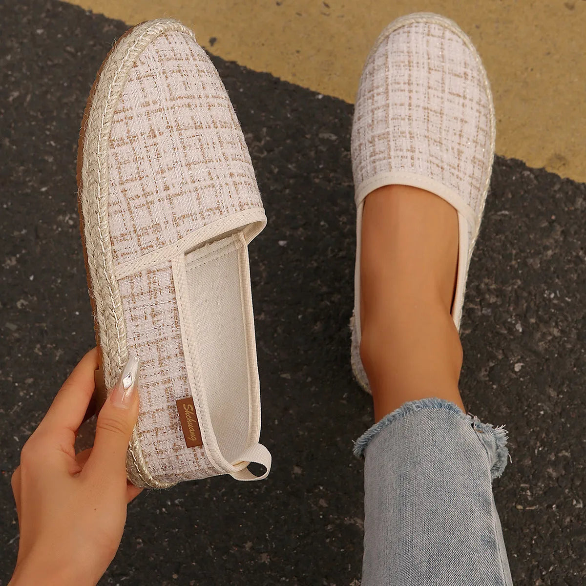 Casual fisherman shoes with canvas upper and rope sole in black, white, or beige colours