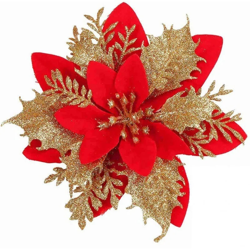 14cm gold powder double-layer artificial Christmas flower on a white background