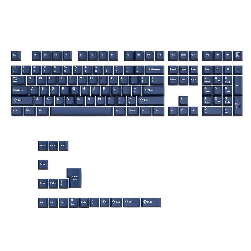 PBT two-tone blue key cap set with carved height profile, measuring 27cm x 17cm x 3cm