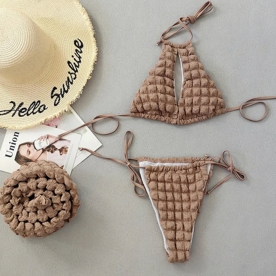 Brown seersucker lace-up women's three-piece bikini swimsuit with skirt.