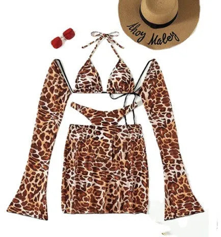 Leopard print women's bikini set with matching skirt and panties for swimming