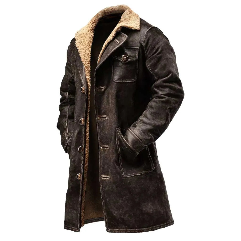 Men's vintage dark brown suede-look casual coat with 80cm length and long sleeves