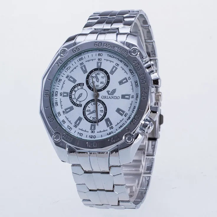 Silver stainless steel men's sport watch with pointer display, 4cm dial, black face on steel strap
