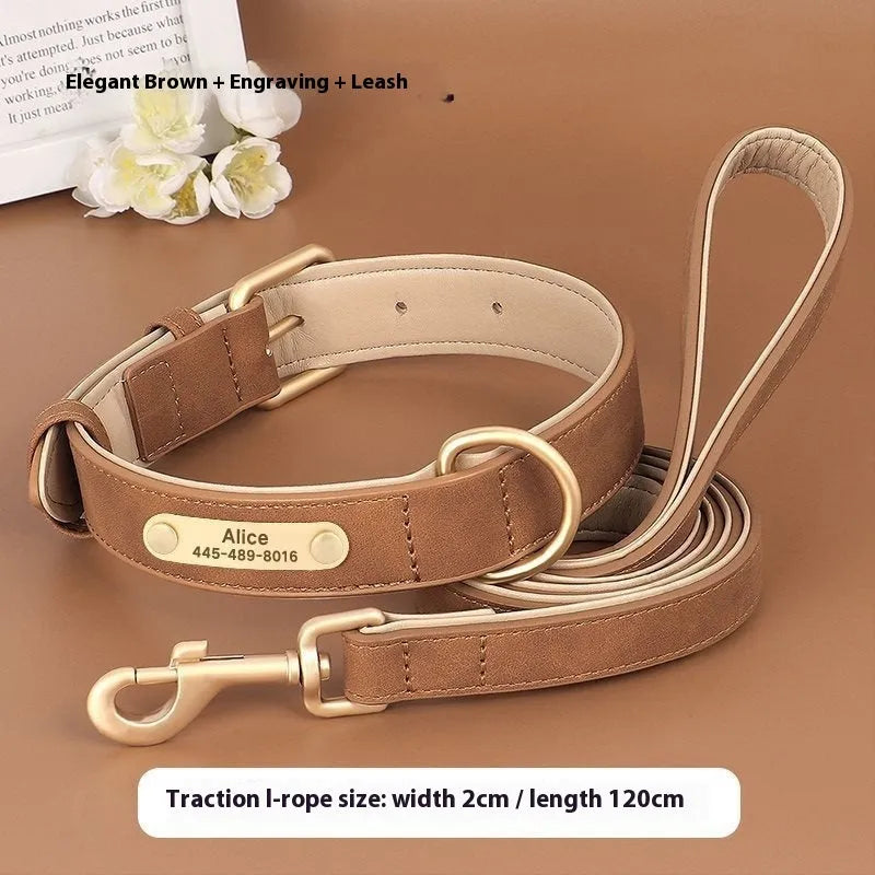 Brown double-layer leather dog collar and matching leash set on a white background.