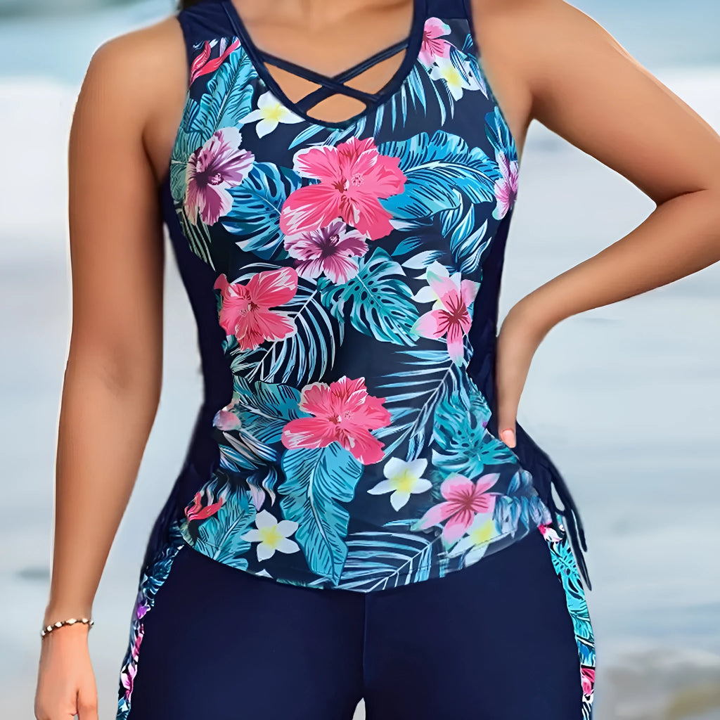 Plus size women's floral print swimsuit bikini with high waist design in navy blue colour