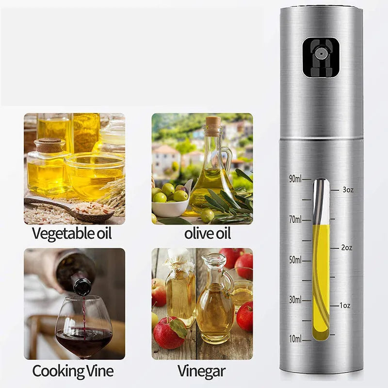 Stainless steel press type oil spray bottle with 100ml glass body and visual scale