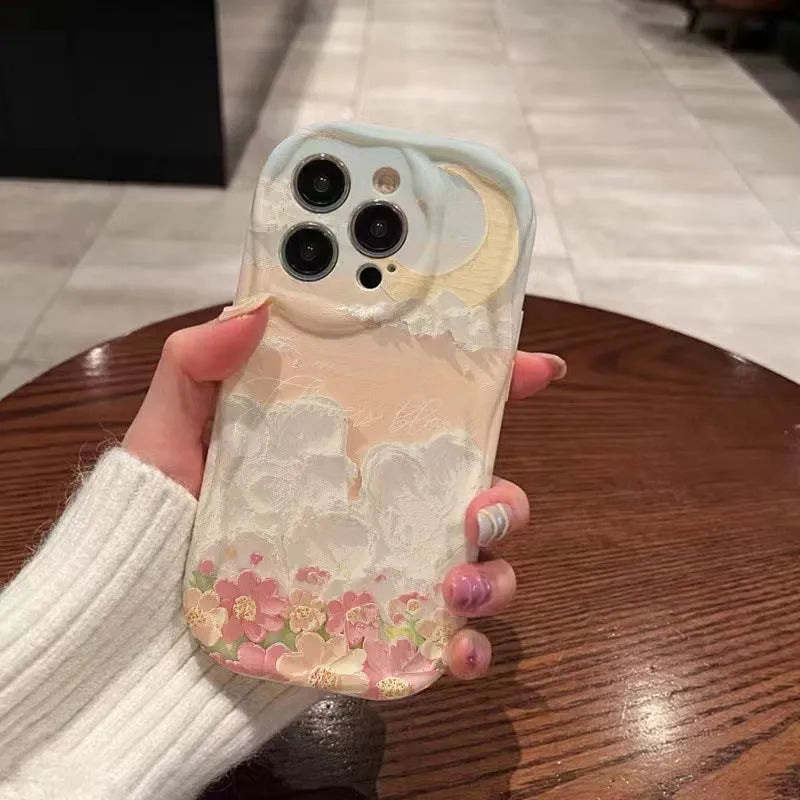 Cloud flower sea TPU phone case for iPhone, cream shell white, floral spray-printed, all-inclusive design