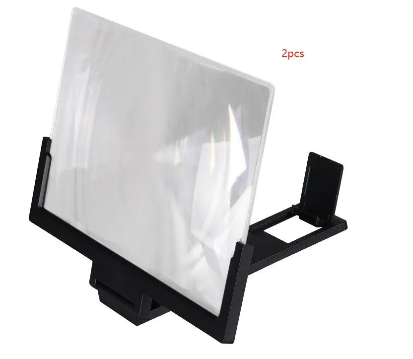 Black adjustable mobile phone stand with magnification lens holding smartphone