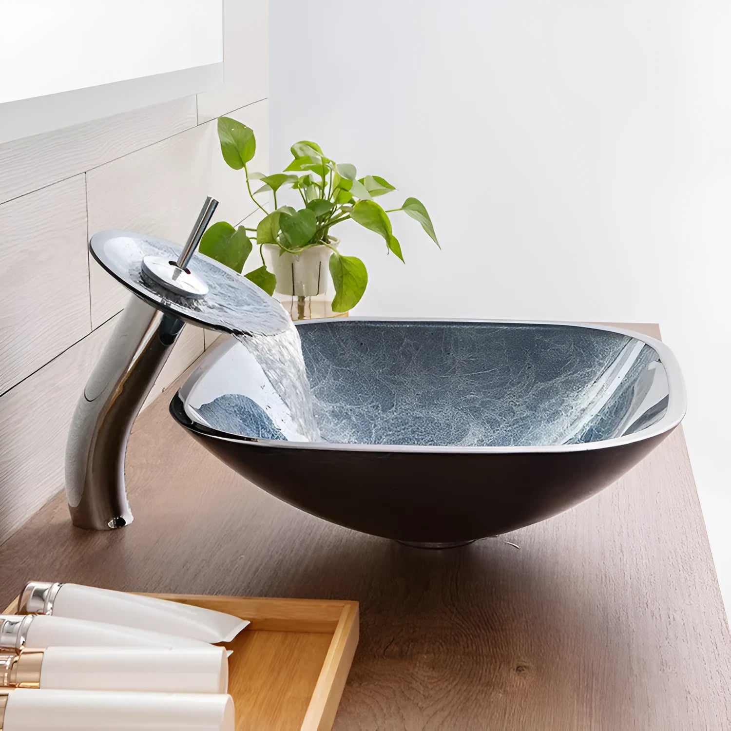 Tempered glass table basin with blue-grey foil colour for bathroom installation