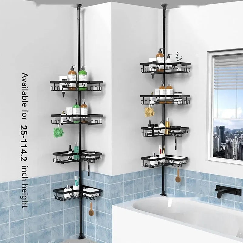 Retractable bathroom storage rack with four layers in stainless steel and iron construction