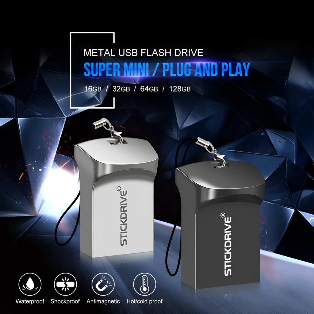 Metal USB flash drive with necklace chain attachment in black or silver colours