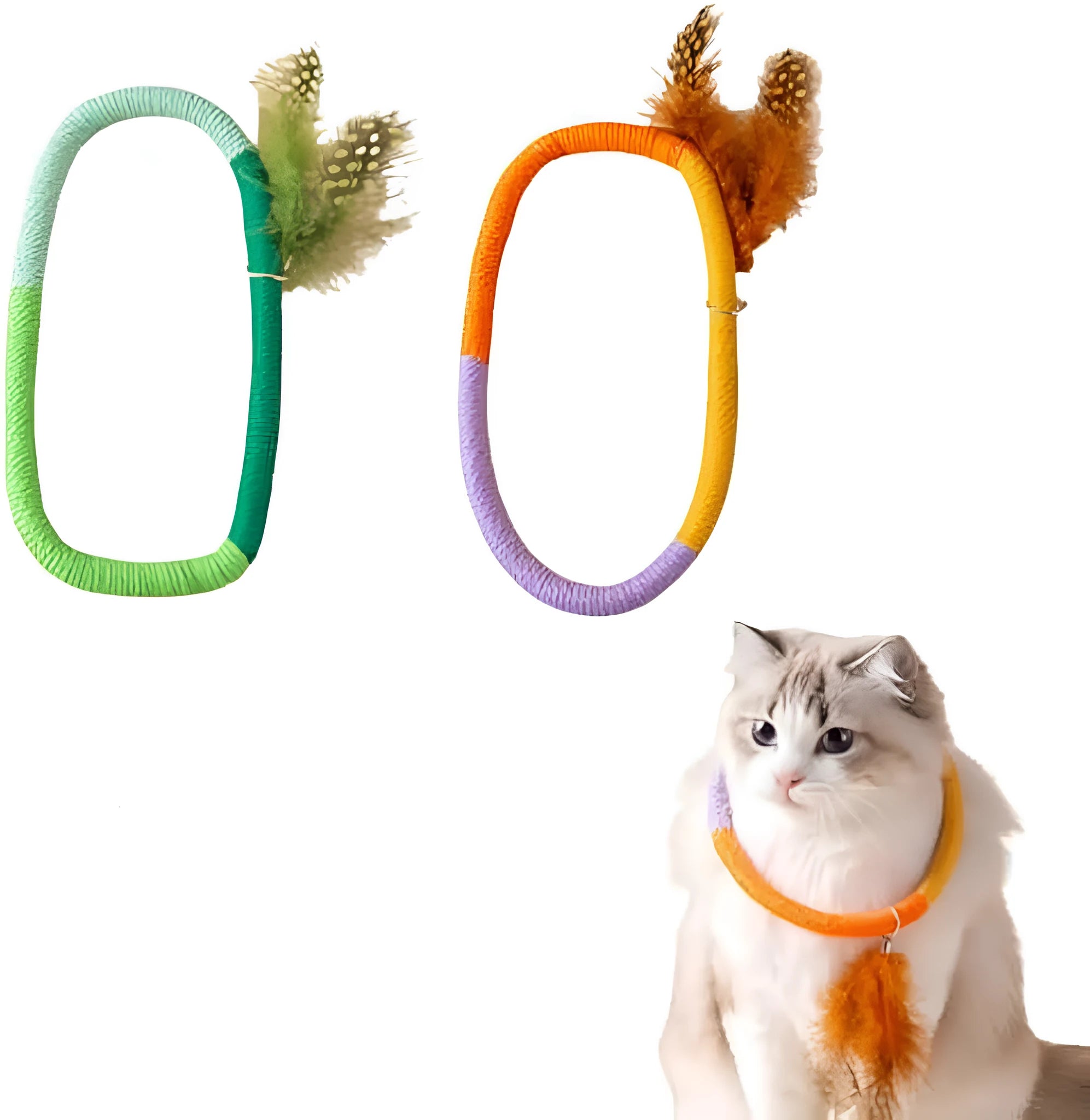 Circular green cotton rope cat toy with feathers and catnip for interactive feline play