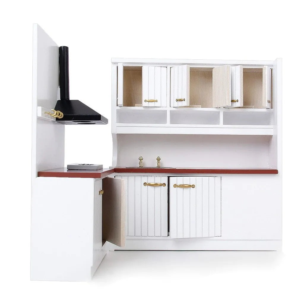 Two-piece white dollhouse kitchen cabinets with working doors and metal handles