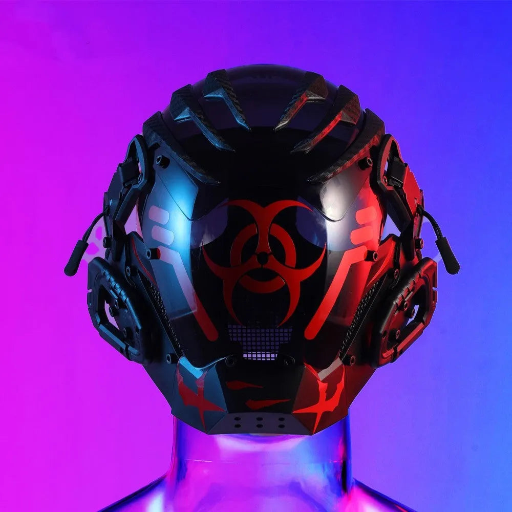 Black full face helmet prop with a bioweapon tech design for cosplay and parties.