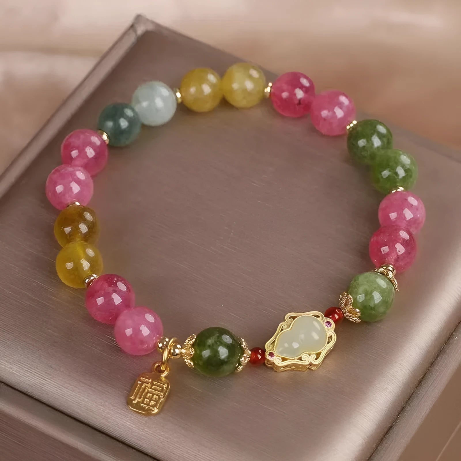 Women's colourful tourmaline gourd blessing card bracelet with electroplating finish and flower shape design
