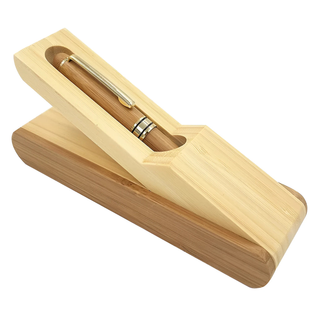 Bamboo ballpoint pen set with pen case, folded single cartoon design, true colour, grinding process