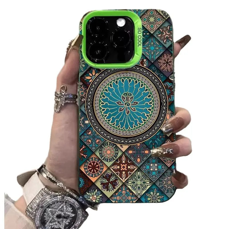 Ethnic style patterned hard PC phone case for iPhone in black, dark green, silver, and deep purple with matte anti-slip finish.