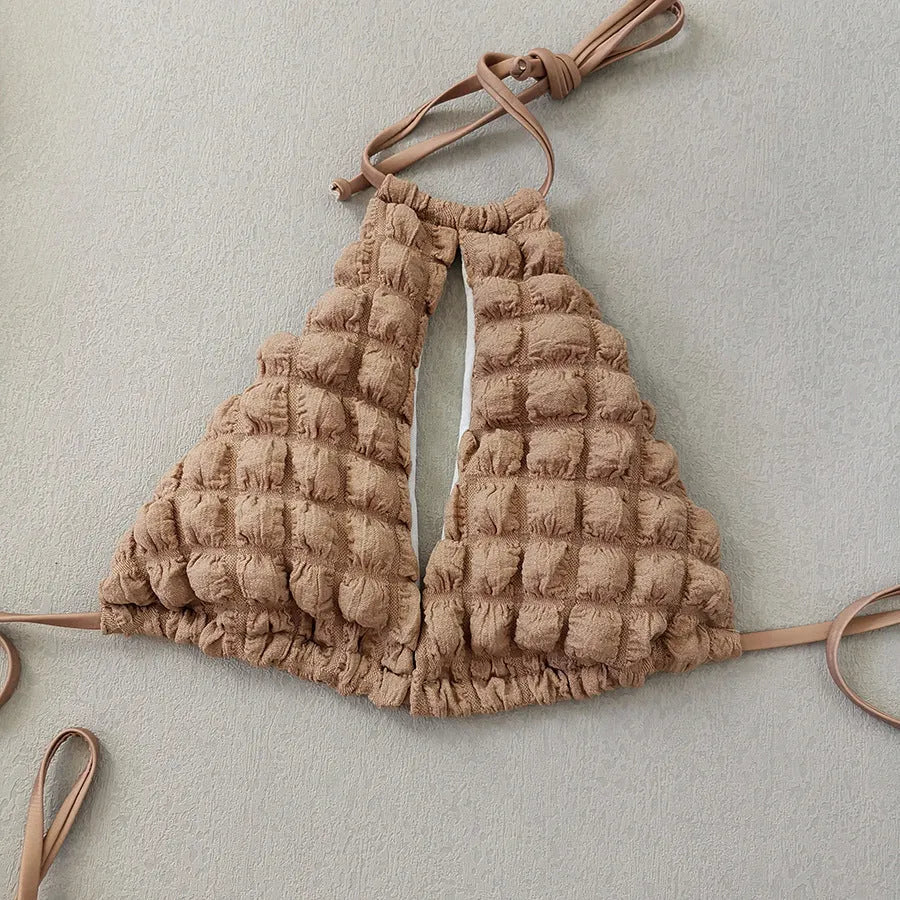 Brown seersucker lace-up women's three-piece bikini swimsuit with skirt.