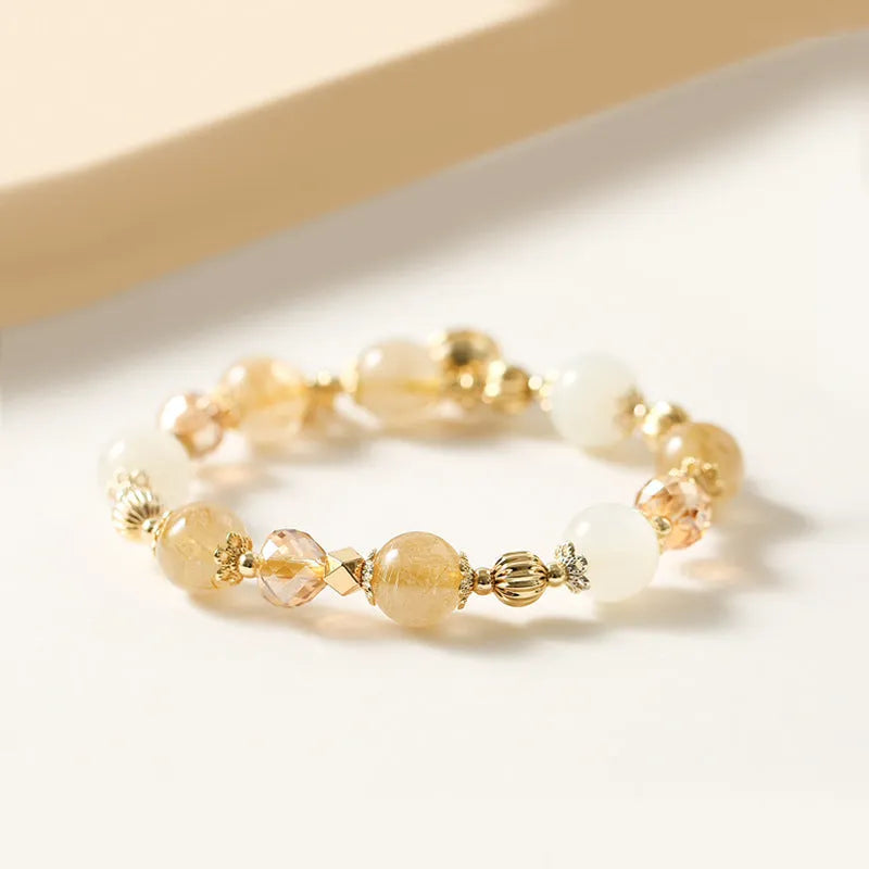Korean style gold electroplated bracelet with Lucky Fortune rutilated quartz crystal centrepiece