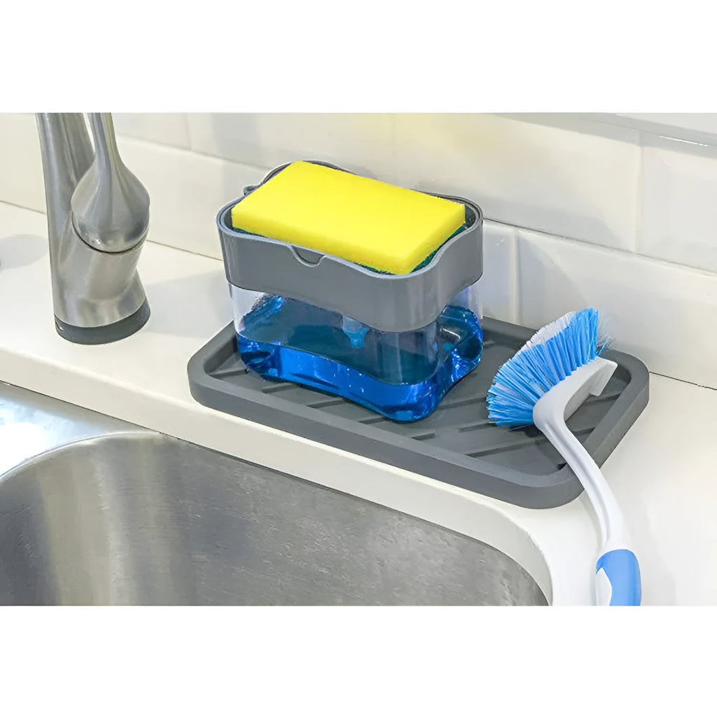 A grey plastic soap dispenser with a pump top on a kitchen countertop