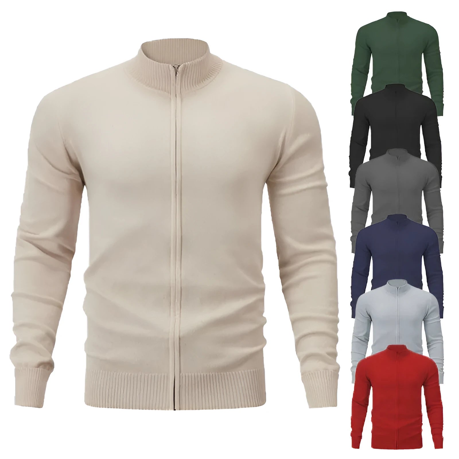 Men's stand collar zip cardigan in cotton fabric showing loose fit and full-length zip