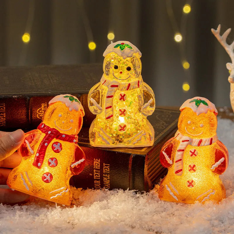 Plastic glowing gingerbread man Christmas ornament with a scarf in red, white, or transparent colours.
