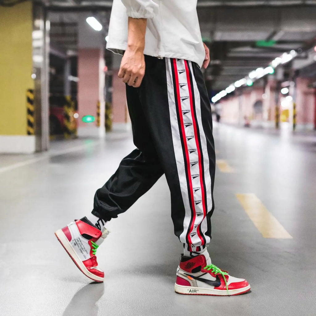 Cotton harem jogger with belt, stripe pattern, black blue nine length pants for men