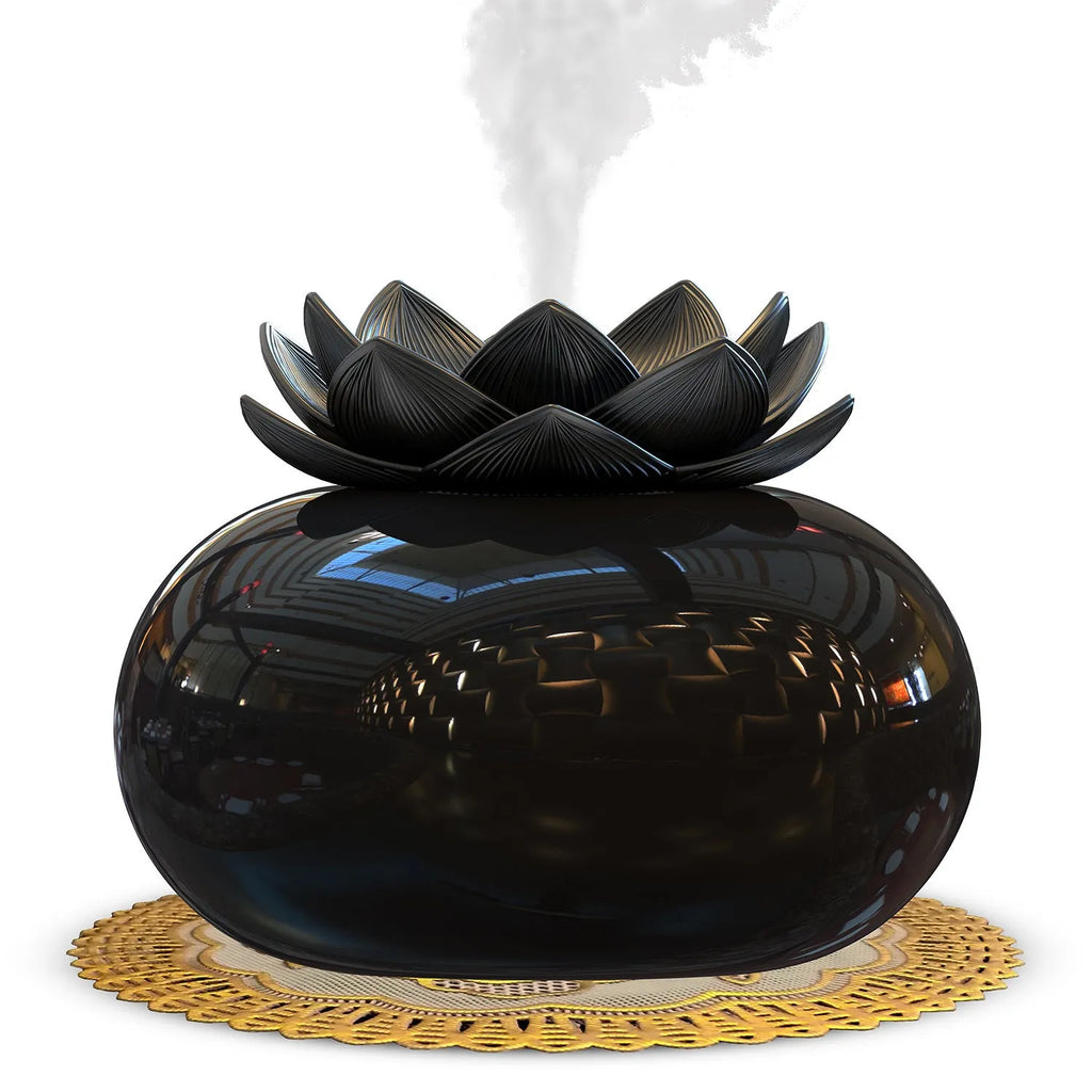 Pure black lotus shaped ultrasonic humidifier with USB connection and ceramic plastic construction