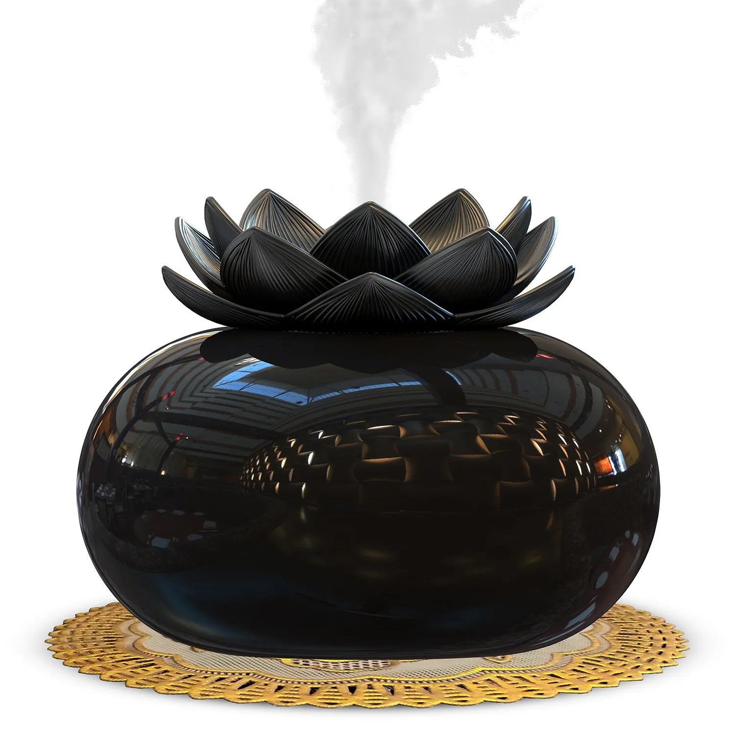 Pure black lotus shaped ultrasonic humidifier with USB connection and ceramic plastic construction
