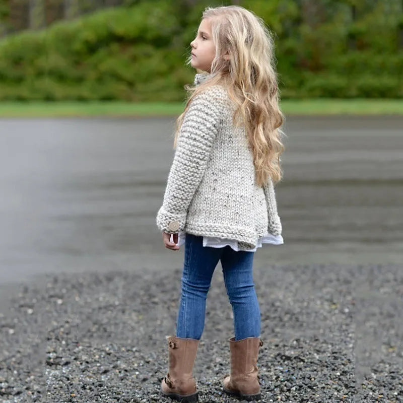 Beige girls' cardigan sweater coat with long sleeves and single-breasted closure