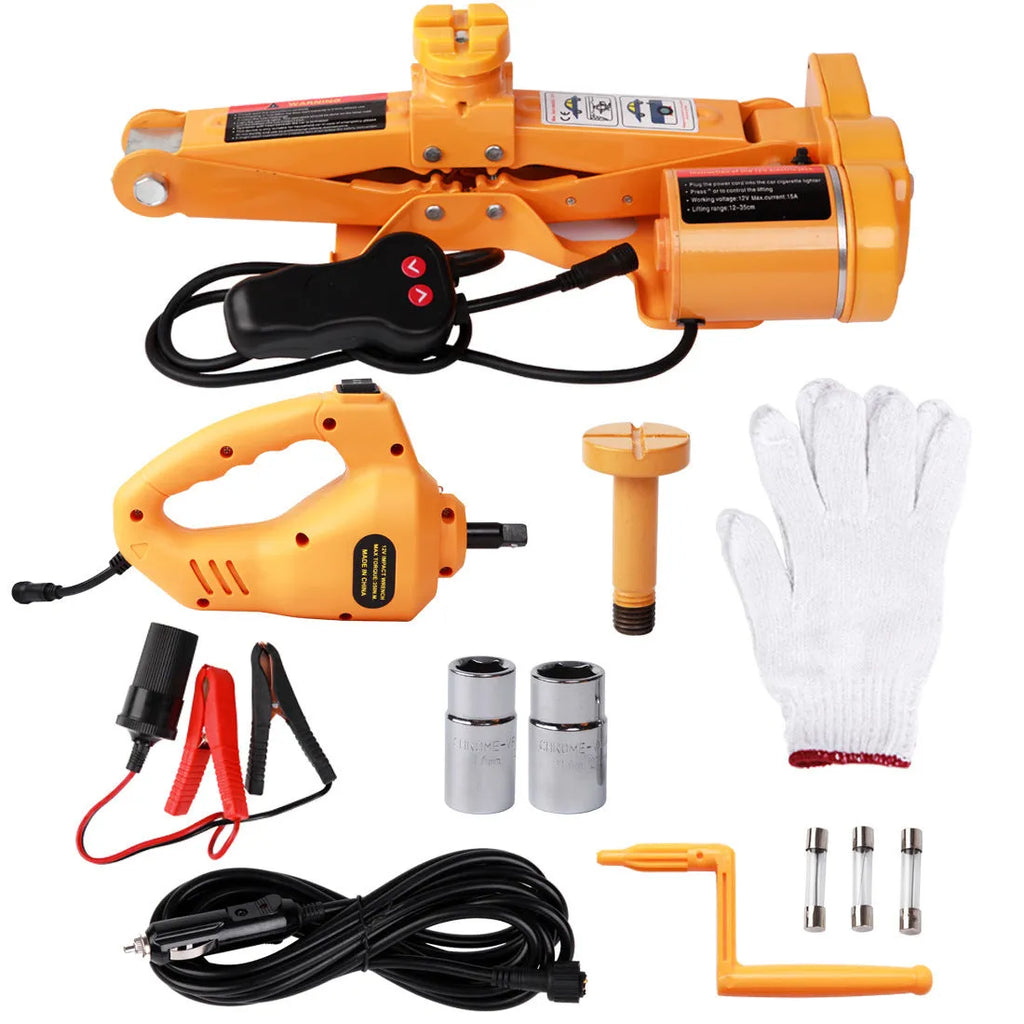 Yellow electric car jack set with electric wrench for vehicle maintenance