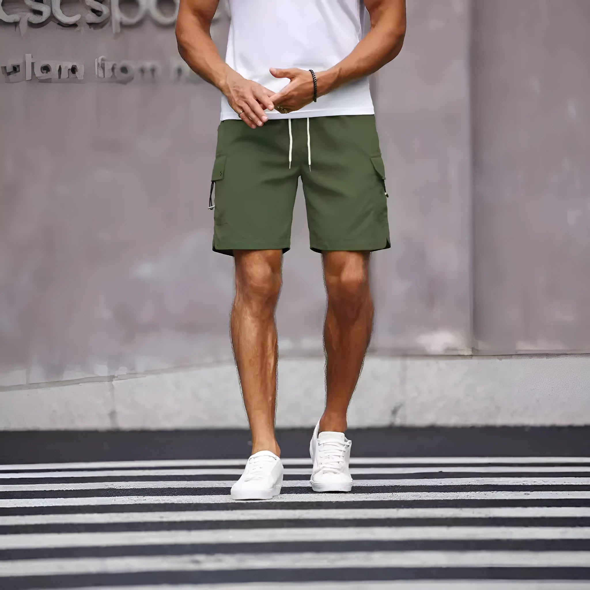 Men's loose fit workwear shorts in fluorescent green with straight leg cut and fifth pants length