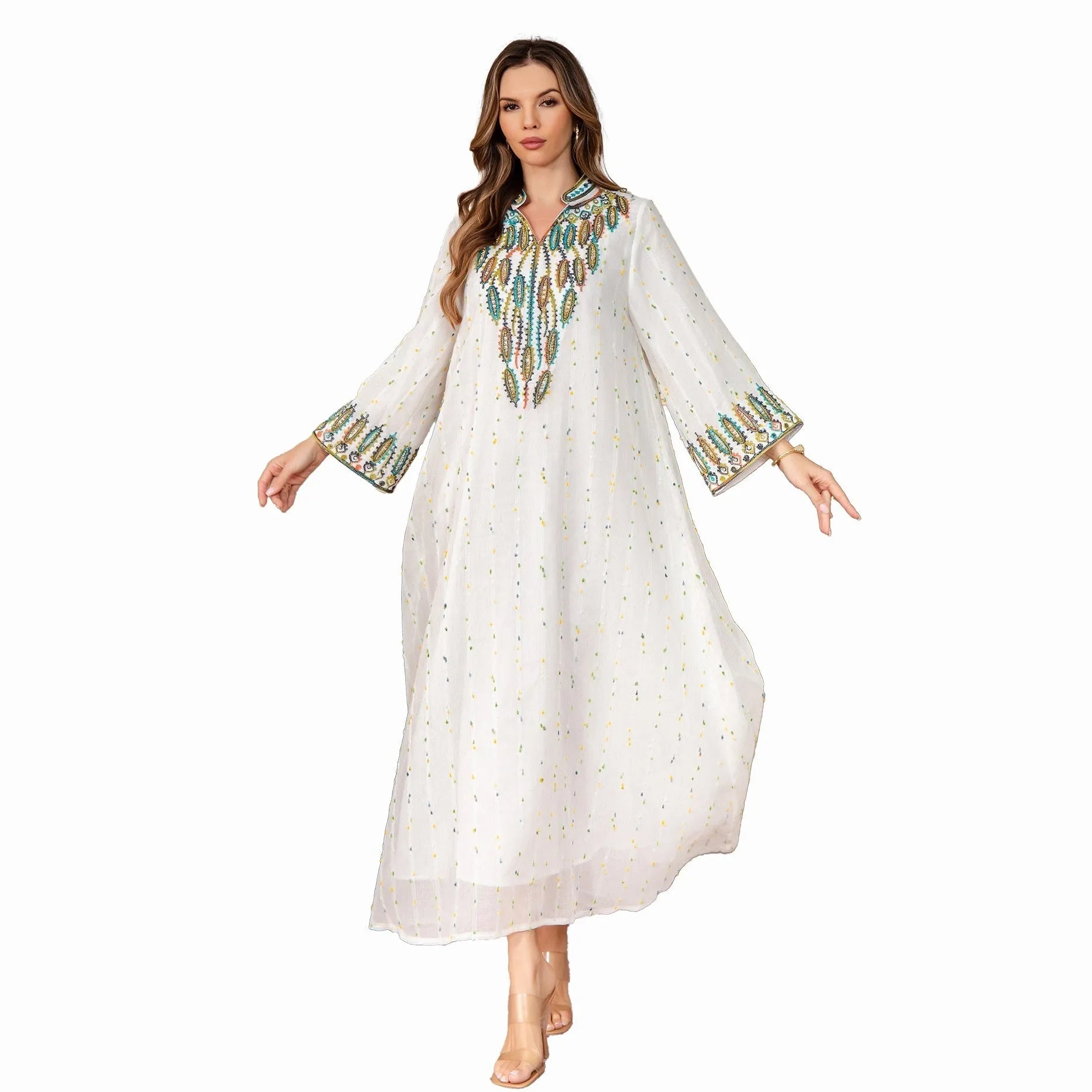 White Arabic women's robe with long sleeves and full-length skirt