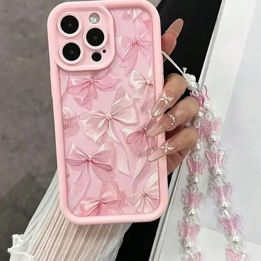 Pink Butterfly bracelet TPU phone case for iPhone 11-17 with cartoon design