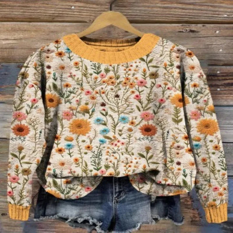 Women's floral print round neck polyester sweater shown in multiple colour options