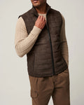 Brown men's horizontal vest jacket with sleeveless design and straight hem, shown in sizes S to XXXL