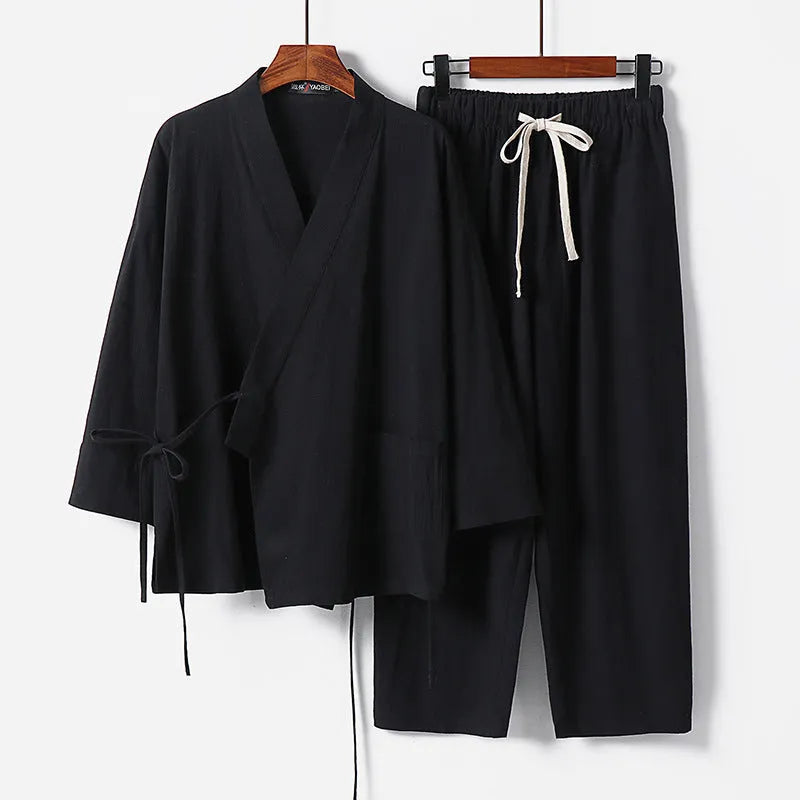 Men's cotton and linen cardigan Hanfu two-piece suit in apricot colour with cropped sleeves