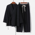 Men's cotton and linen cardigan Hanfu two-piece suit in apricot colour with cropped sleeves