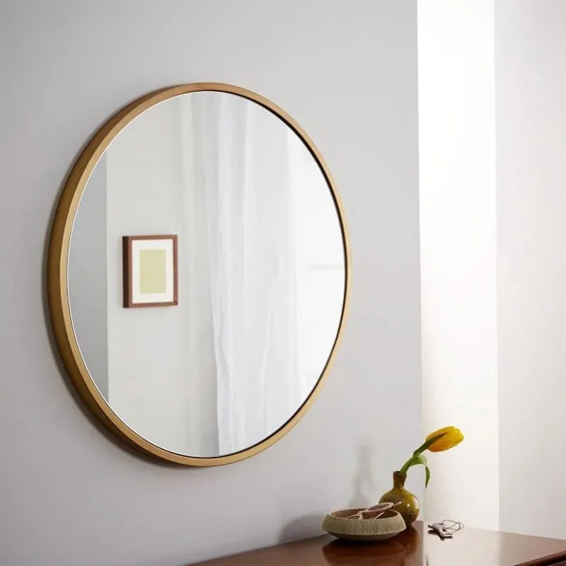 Round Nordic style bathroom wall mirror with iron frame in black, white, or gold colour, 30cm diameter.