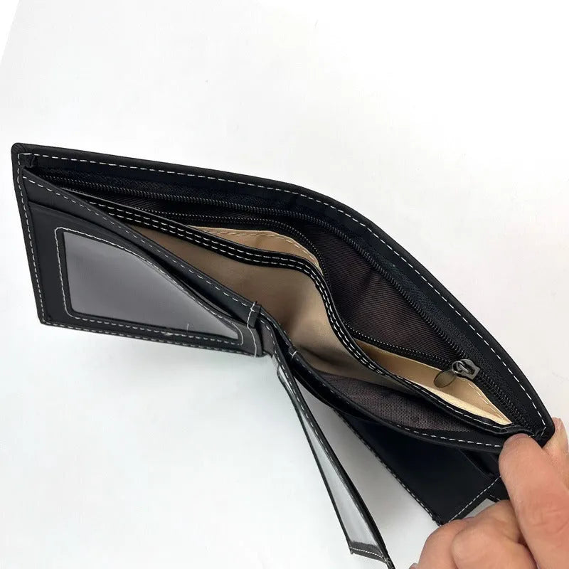 Black men's wallet with animal pattern, multiple card slots and zipper closure