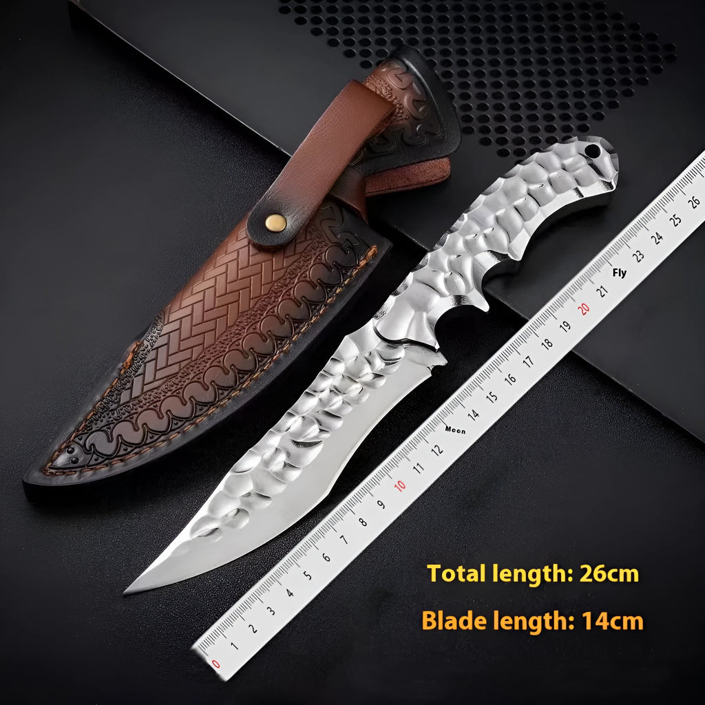 One-piece keel outdoor survival knife with 260mm full length, 140mm 5CR13 steel blade, and leather or K sheath