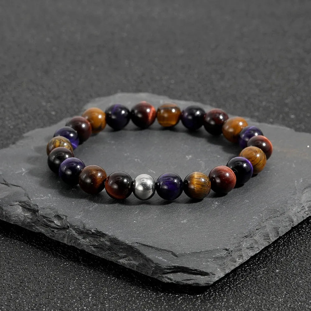 Handmade geometric tiger-eye stone bracelet with elastic cord in yellow, purple, and red colour options